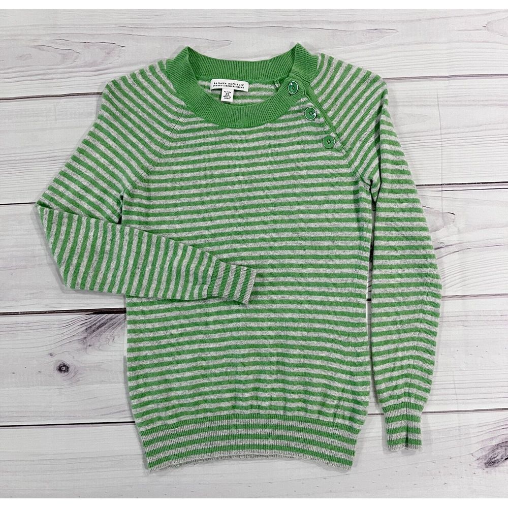 BANANA REPUBLIC Women's XS Green striped Luxury Cashmere blend pullover sweater